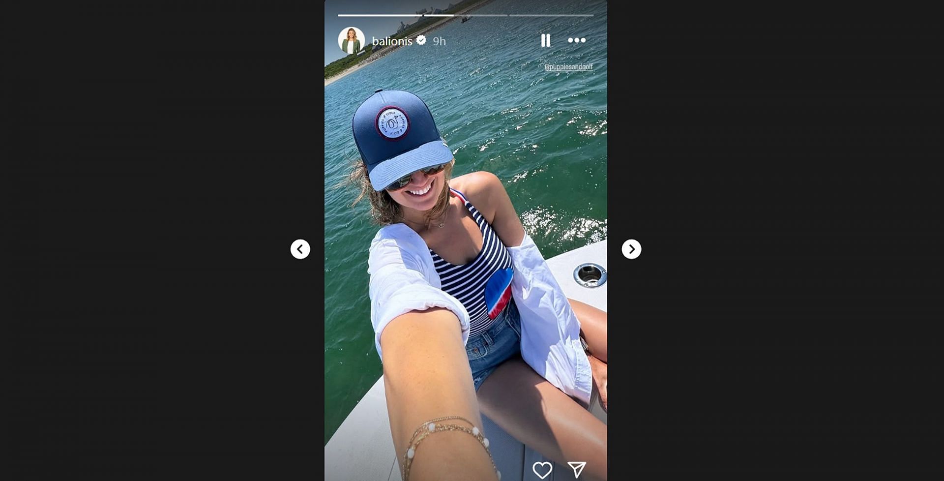 Amanda Balionis styles in a striped top and denim shorts as she goes for a sail/@balionis